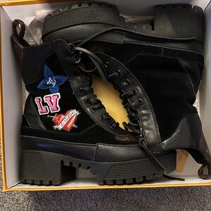 Louis Vuitton Stylish Black Combat Boots with Patches